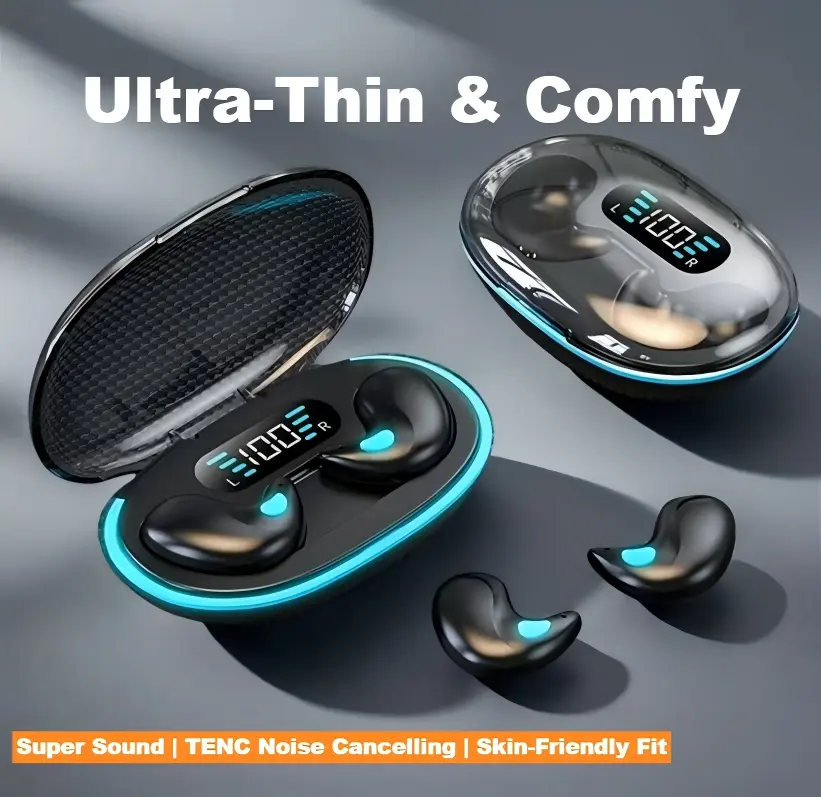 Invisible Bluetooth 5.4 Earbuds - Ultra-Thin Wireless Audio Wearable Tech, Noise Cancelling, HiFi Sound, 8H Battery, Smart Display, Comfortable for Side Sleep & Travel