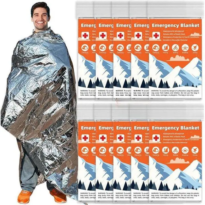 10 Pack  Thermal Blanket , Mylar Blankets for Outdoor, Space Blanket,  Foil Blanket,  Kit Camping Blanket,  Warmer Blanket, , Hiking 84" x 52" HahZen SPORT