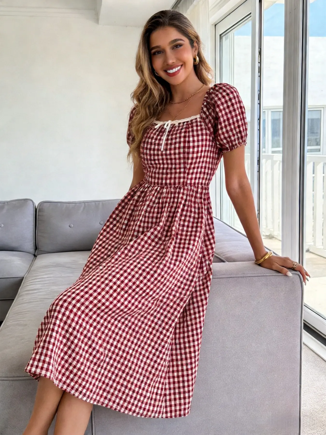 Vintage French Yellow & White Gingham Square Neck Puff Sleeve Tie-Front Backless Waist-Cinched Cottagecore Vacation Midi Dress Chill Coastal Yellow & White Gingham Square Neck Puff Sleeve Tie-Front Backless Waist-Cinched Casual Beach Midi Dress
