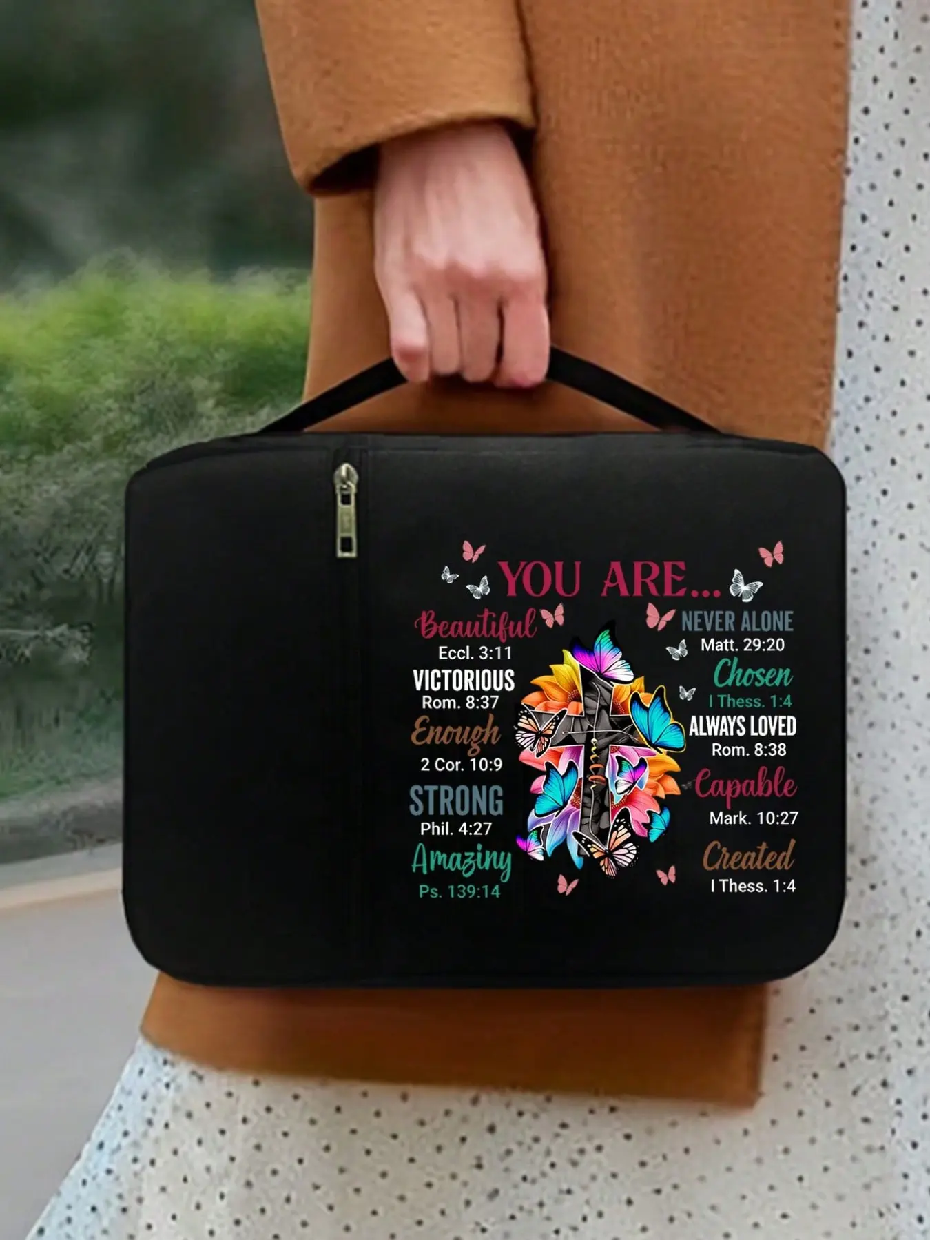 Inspirational Bible Case with Butterfly and Cross Design, Large Zippered Multifunctional Storage Bag for Bible Study, Multiple Pockets for Essentials, Storage Carrying Bag, Organizational Zipper Storage, Zipper Pouches