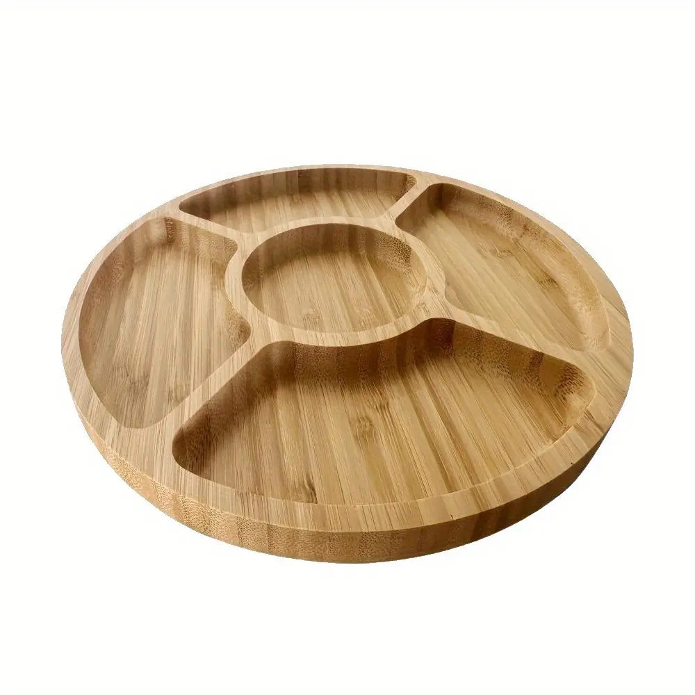 1pc Solid Wood Five-Compartment Food Tray, Multi-Functional Fruit and Snack Tray, Bamboo Wood Tray with Smooth Edges and Textured Surface, Natural, Sturdy, and Durable Round Platter for Home Party Plating and Decoration