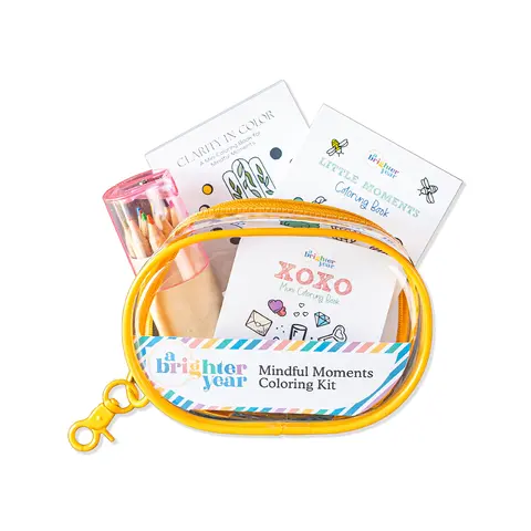 A Brighter Year Mindful Moments Bundle - 3 Mini Coloring Books (3x3 Inch, 50 Pages Each) with Dual-Tip Markers, Stress Reliever, Thoughtful Designs for Focus & Relaxation in Cute Zipper Case or Canvas Pouch