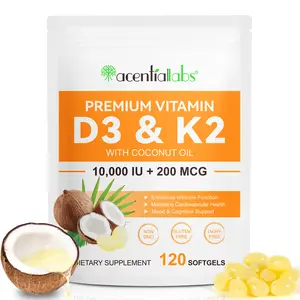 Acentiallabs Vitamin D3 10,000 IU & K2 200mcg 2-in-1 Bone Immune Support 300 Coconut Oil Softgels Heart Health Calcium Absorption TikTok Viral D3K2 Supplement Softgels