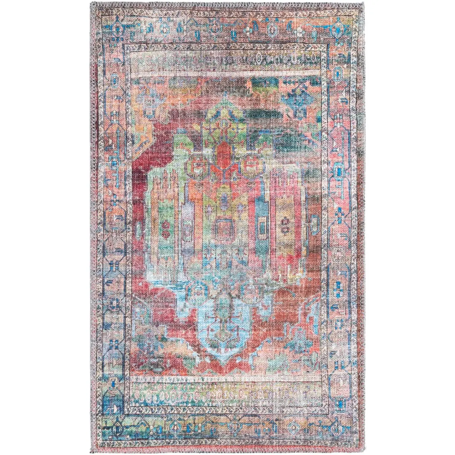 Rugs.com Maahru Machine Washable Area Rug - Home Decorative, Multicolor, Medallion and Border Design, Versatile Style for Living Room