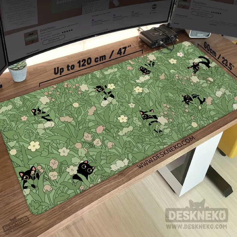 Cute Cats Desk Mat Kawaii Mouse pad, Green Mousepad xxl, Aesthetic Deskmat extra large xl, Kawai studio art, Cozy Anime Office Decor Gift, Desk Mat Gifts