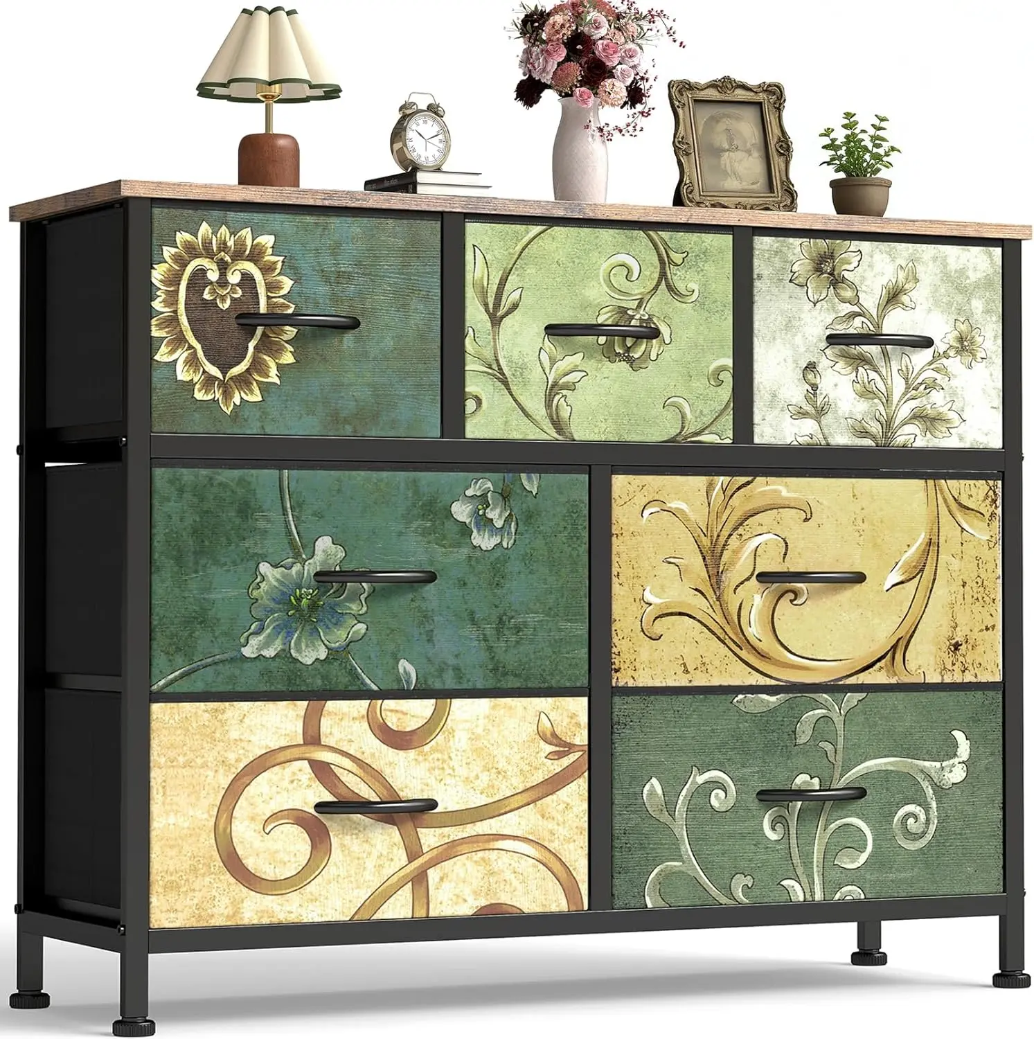 7 Drawer Fabric Storage Dresser with Wood Top, Floral Pattern Organizer Tower for Bedroom, Living Room, Hallway, Entryway