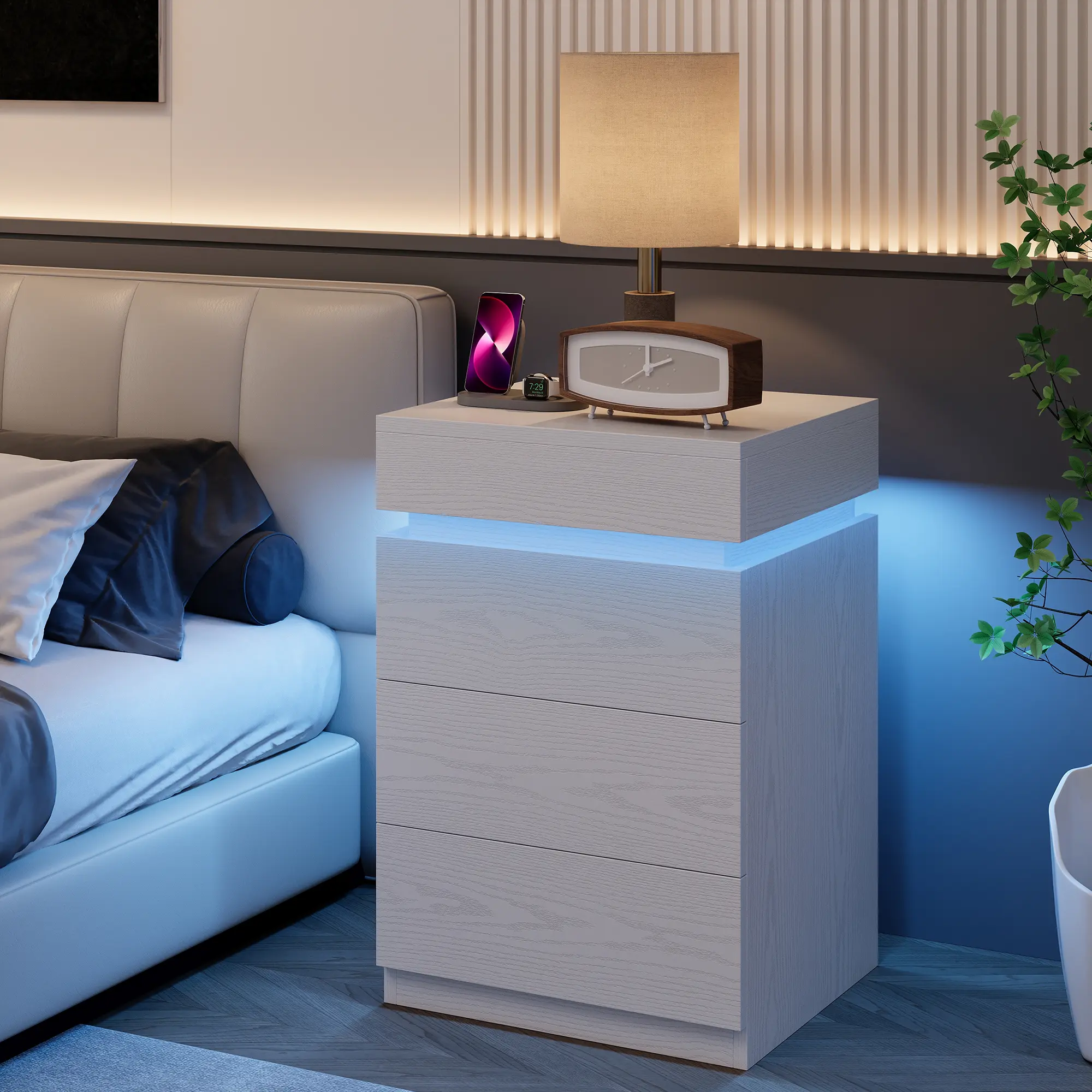 LIKIMIO Compact Wood Finish Nightstand - Minimalist Modern Indoor Bedroom Furniture with Built-in Charging Station (Power Strip, Ports), LED Light with Remote Dim Control, Sliding Top, Slide-Open Drawers, Room Decor End Table (Tables & Desks)
