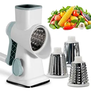 Rotating Cheese Grater with Handle, Vegetable Slicer Kitchen Tool, 3 Replaceable Blades, Ideal for Cheese, Potatoes, Zucchini, Nuts, Chocolate