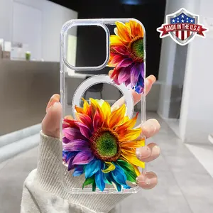 Trendy Gradient Sunflower Pattern Magnetic Phone Case Supports Wireless Charging for iPhone 15 16 14 Pro Max 13 12 11 XR XS Plus E Shockproof Non Slip Protection Silicone Transparent Acrylic Large Hole Cover Cellphone Protective