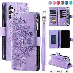 PU Leather Phone Case Cover with Wrist Strap, 1 Count Zipper Wallet Card Slots Stand Phone Bag, Phone Cases Compatible with Smartphone Samsung Galaxy S24 S23 S22 S21 FE Plus Ultra Accessories