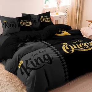 3 Pieces Romantic King Queen Couple Duvet Cover Set, King & Queen Decorative Theme Bedding Set, Black Grey Gold Crown Bedding Cover with 1*Duvet Cover & 2 Pillowcases, Checkered Bedding Set (Comforter Not Included)