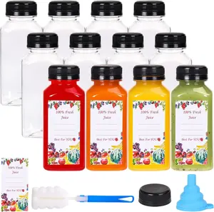 12 8-ounce plastic juice bottles with black anti pry caps, reusable transparent juice containers with labels, funnels and brushes for juice extraction, smoothies, milk