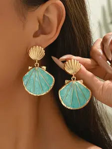 Elegant Shell Earrings for Women, Summer Beach Vacation Style Long Dangle Earrings, Statement Earrings, Water Blue Fashion Accessory, Trendy Jewelry