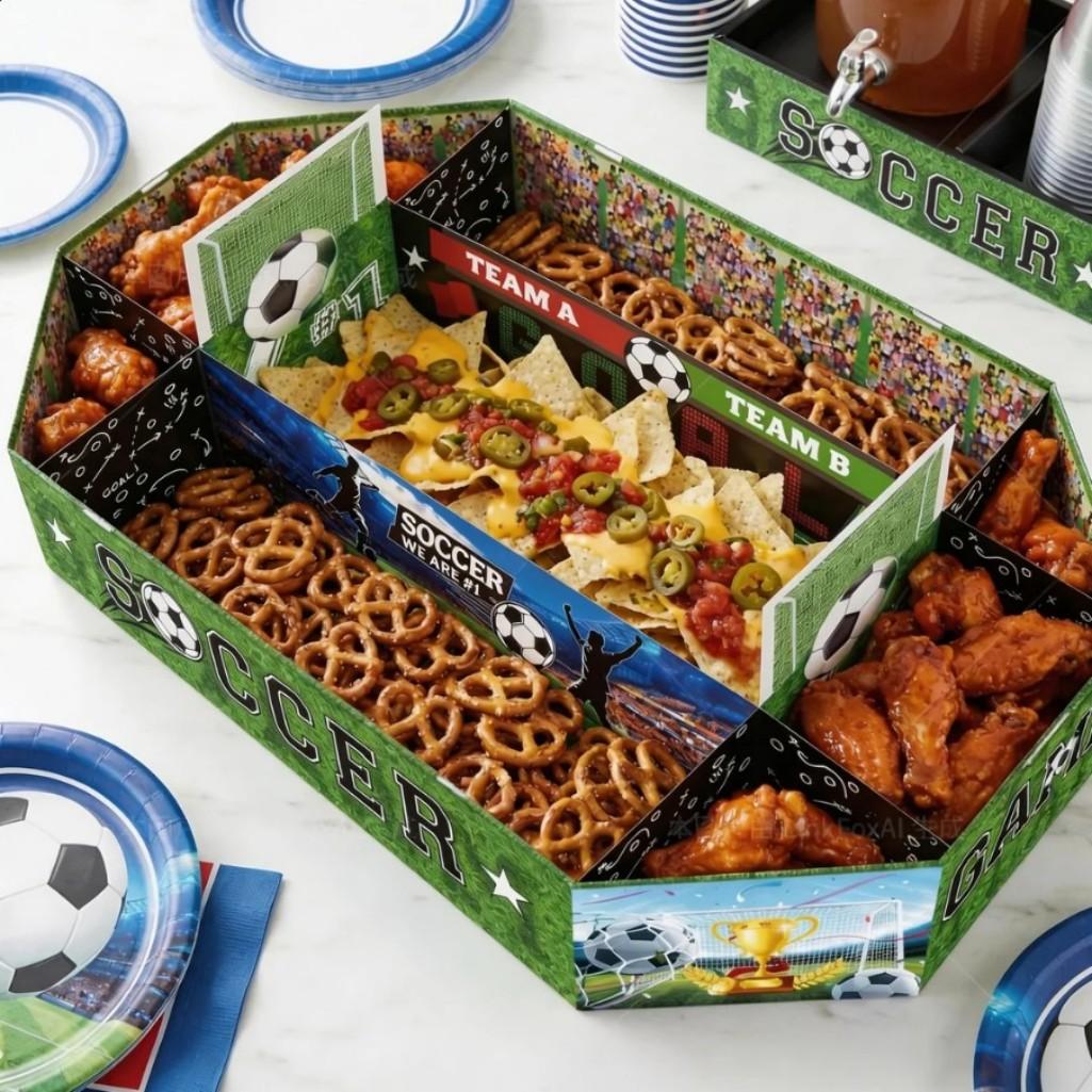 2026 Soccer Party Supplies Set: Extra Large 23x12 Inch "Soccer Field" Shaped Snack Tray, suitable for pre-league parties, matchday parties, and party decorations.