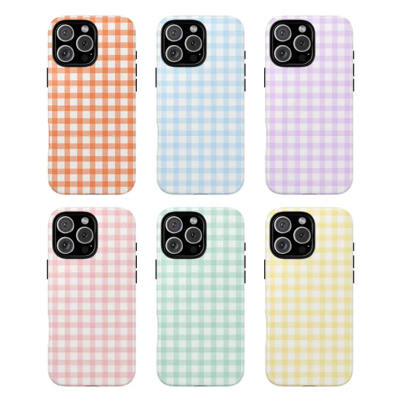 Patterned Full Glossy Plastic 2-in-1 Macaron Plaid Rubber Phone Case - Durable, Shock-Absorbing, Wireless-Compatible, Multi-Model for iPhone 11,X,12,13,14,15,16,17 Series, Ideal Holiday Gift for Friends