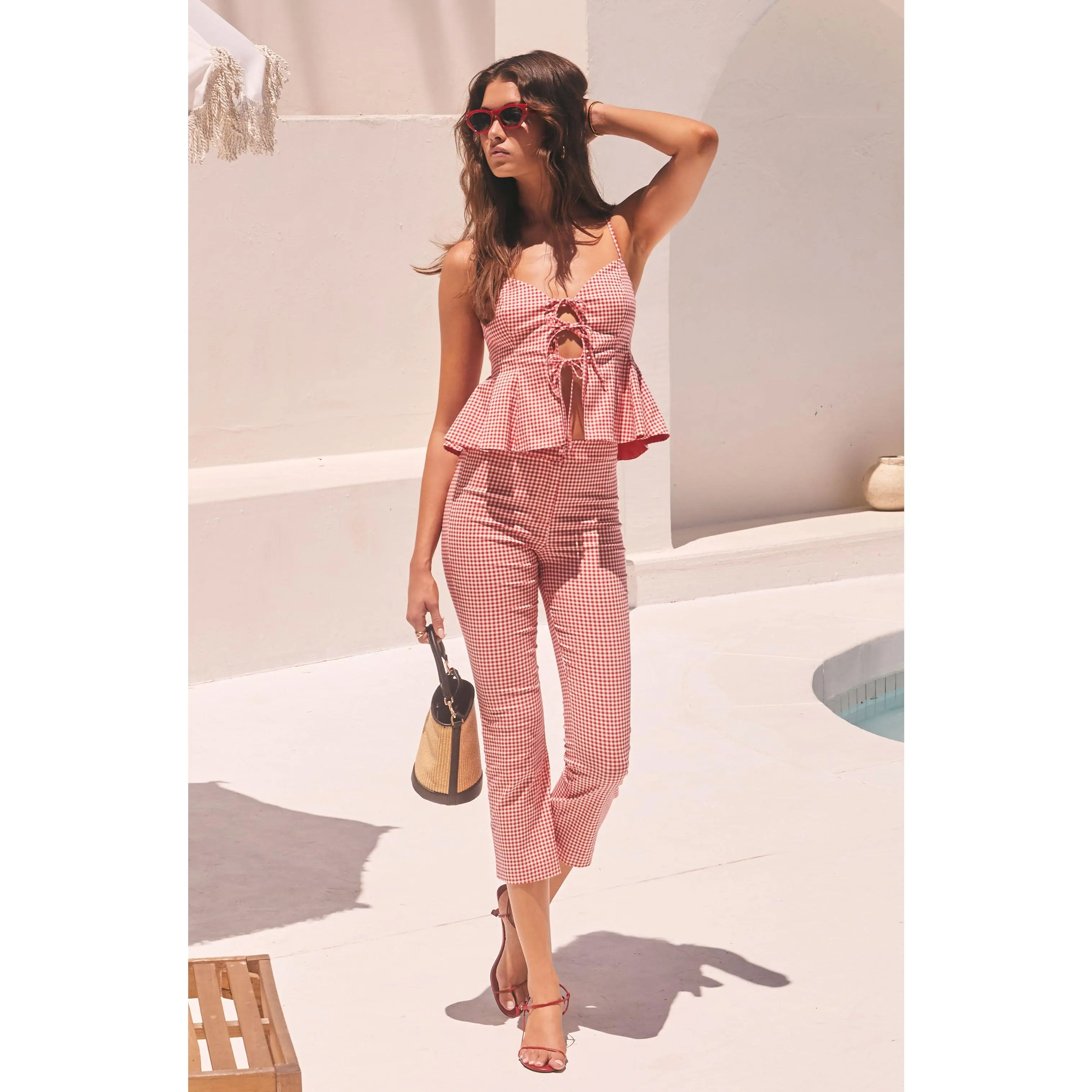 Alma Gingham Kick-Flare Cropped Pants