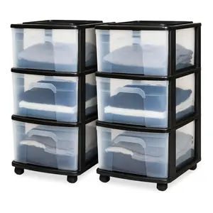 Homz Plastic 3 Drawer Medium Storage Tower, Clear Drawers & Black Frame (2 Pack)