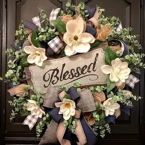 Country Style Wreath with Wood Flowers and Plaid Ribbon, Spring Door Decor, Rustic Home Decoration, Perfect for Easter
