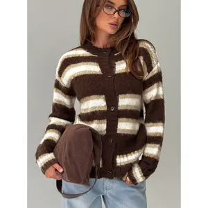 Cultivated Fluffy Knit Cardigan Brown Stripe