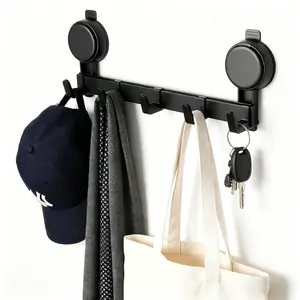 Matte Black Suction Cup Door Hook Rack, 5 Hooks No Drill Wall Mounted Hanger, Heavy Duty Space Aluminum Rustproof Removable Reusable Hooks for Entryway Bathroom Kitchen Home Organization