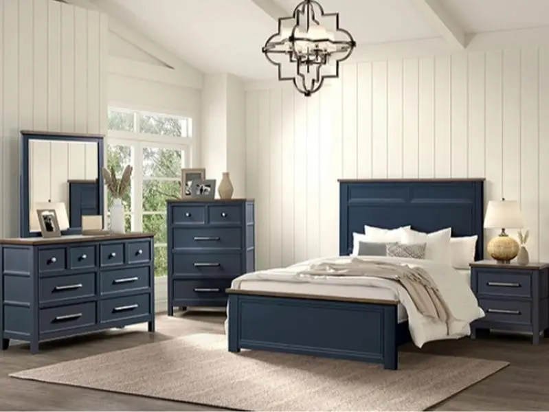 FM7171BL-4PC 4 pc Pinetop Blue & Dark Brown Finish Wood Full Size Bedroom Set with Nightstand, Dresser, Mirror, Classic Design for Coordinated Look
