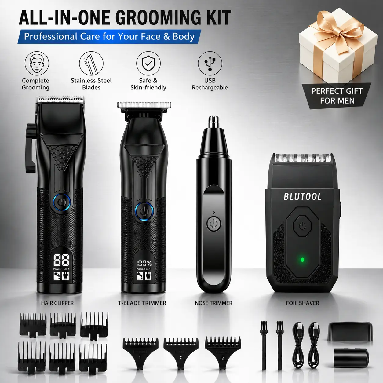 Professional Men's Hair Clipper and Trimmer Set—featuring an LED display, guide combs, a USB charger, and styling accessories; an ideal birthday or Christmas gift for men.