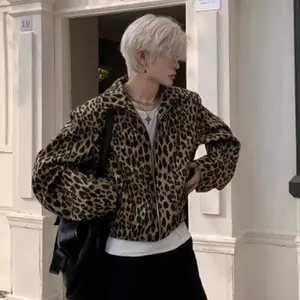 Leopard Print Men’s Denim Jacket American Style New Niche Turn-Down Collar Design Short Loose Zipper Coat Trend 21 E7168