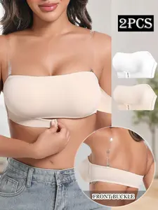 3 Pcs Strapless Invisible Bras, Clear Straps Seamless Non-Slip, Soft Support Push Up, Front Closure, Convertible Straps, Wireless Comfortable, Solid Color, Match All Outfits