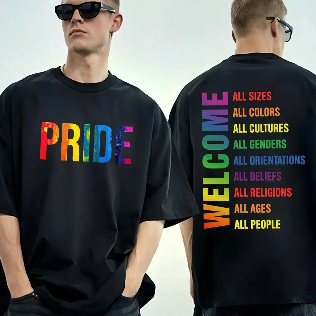 Pride Welcome Double Sided Print T-Shirt, LGBTQ+ Pride Month Casual Tee Shirt Printed in USA