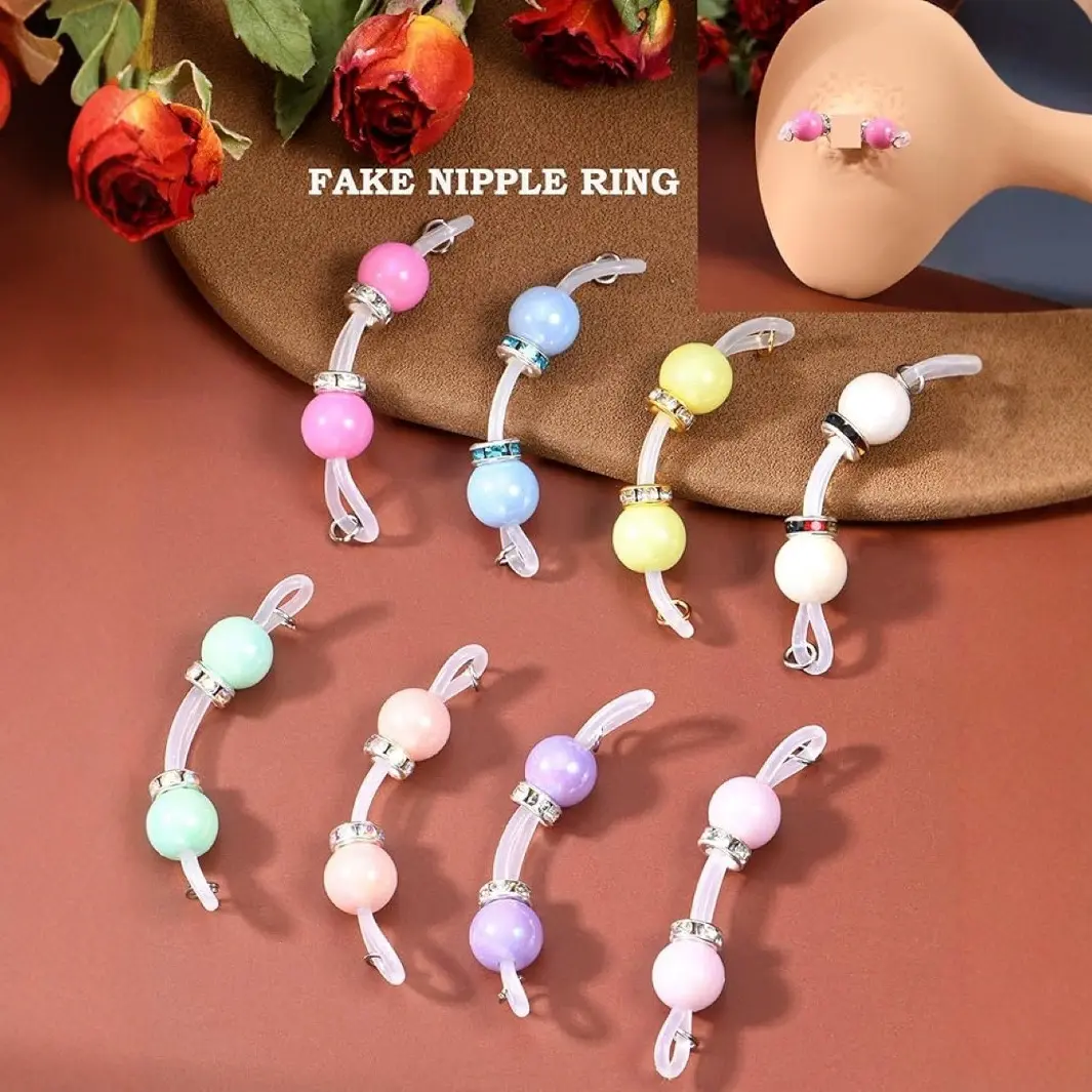 Colorful Beaded Fake Nipple Rings Set - Non - Piercing Nipple Clips for Fashion