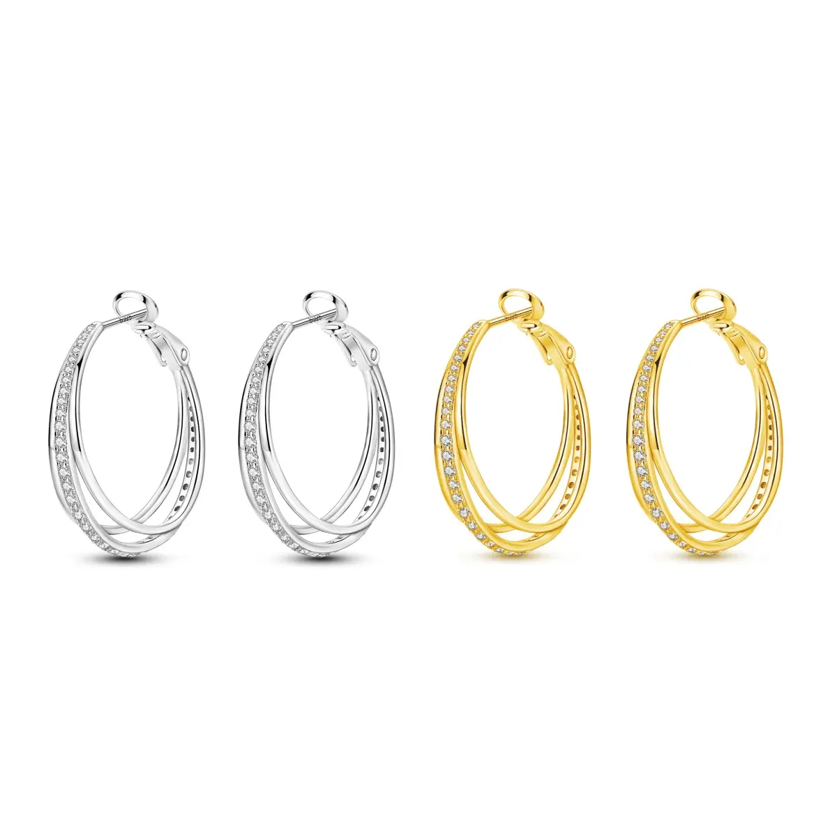 MULA Silver-Plated 3-Hoop Earrings, High Quality Multi-Layered Earrings with Sparkling Zircon, Oxidation-Resistant Elegant Everyday Wear for Women, High Quality Earrings