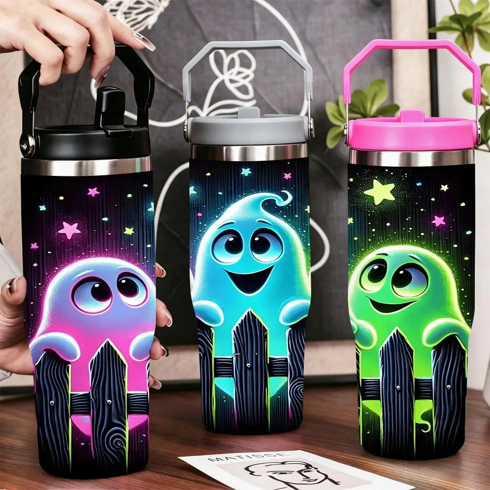 three cute neon ghosts Stainless Steel Tumbler with Lid & Straw | 40oz 30oz 22oz 20oz 12oz Double Wall Vacuum Insulated Cup, Keeps Cold & Hot, Leak Proof BPA-Free Travel Mug for Gym Office Car