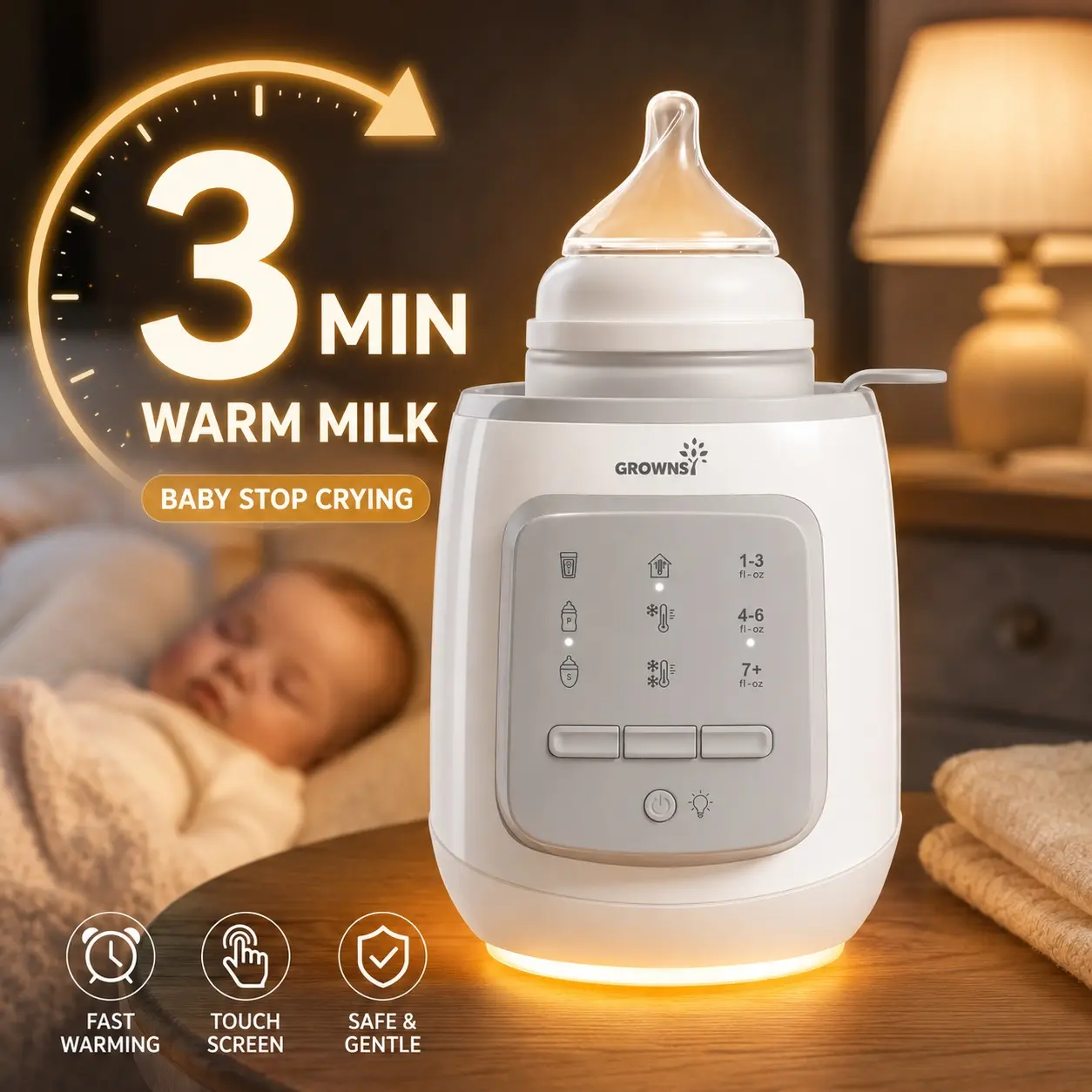 Baby Bottle Warmer with Night Light, Portable Milk Warmer for Breast Milk & Formula, Fast 2-5 Min Heating, 9-in-1 Function with Timer, Perfect for Night Feeding, Travel & New Parents