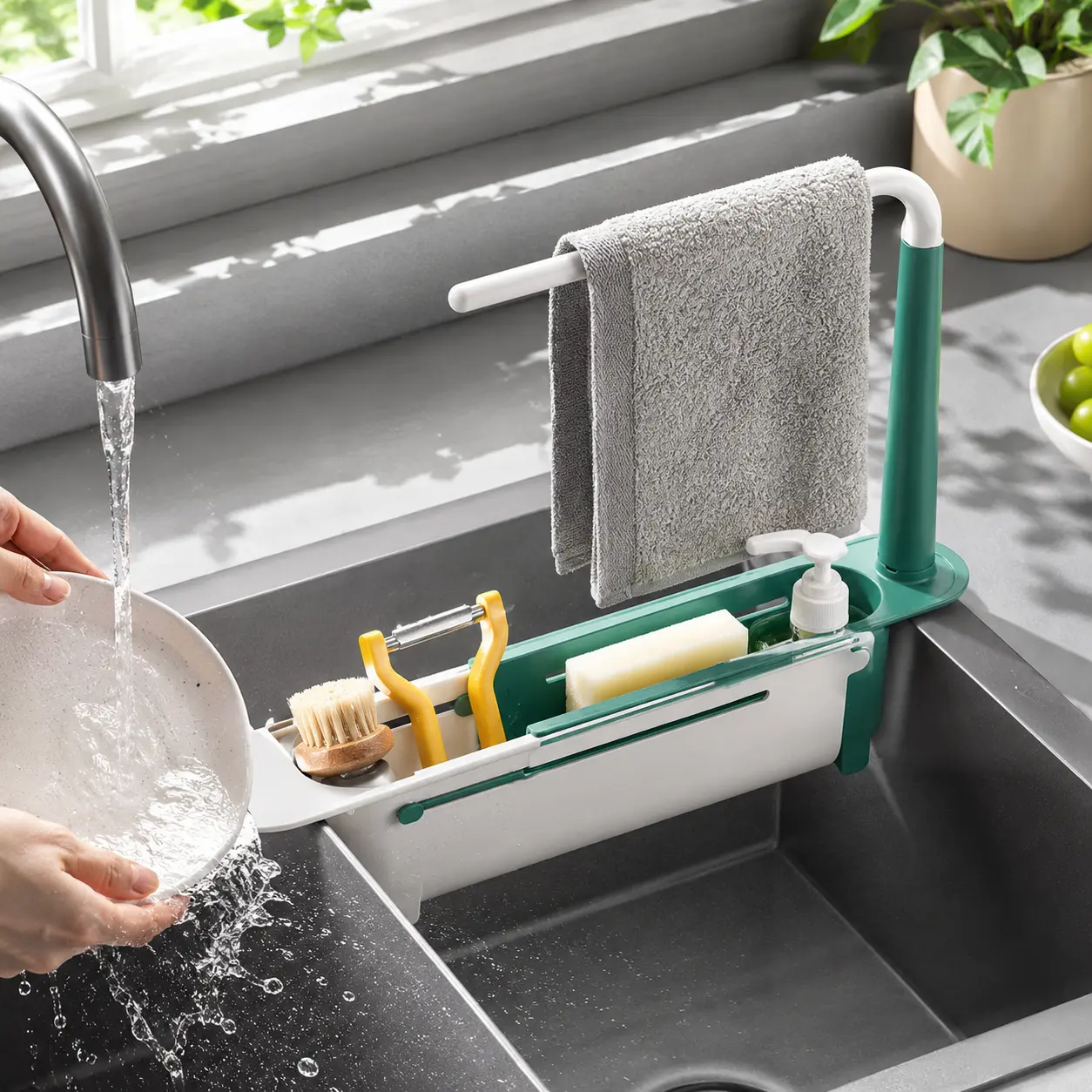 No More Messy Sinks! 2-in-1 Kitchen Sink Caddy Organizer with Towel Rack, Sponge Holder & Drain Storage for Soap, Brushes & Dishcloths