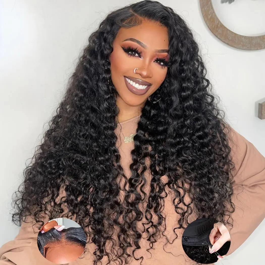 [Free Upgraded] Wear and Go Glueless Wigs Human Hair Pre Plucked Pre Cut  13x6 HD Lace 180 Density Water Wave Lace Front Wigs Human Hair with Drawstring  No Glue Curly Lace Front Wig for Women Natural Black Beginner Friendly