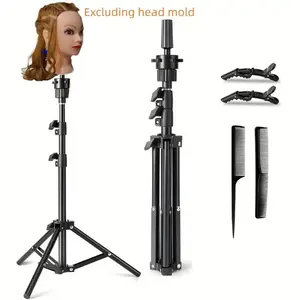 Adjustable Wig Stand Tripod, Reinforced Steel Bar Wig Holder with Combs and Clips, Portable Mannequin Head Holder for Cosmetology Hairdressing Training (Mannequin Head Not Included) Wig Tripod Set