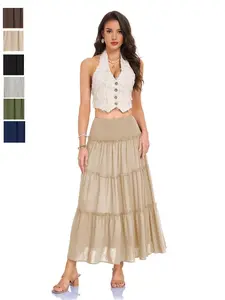 Spring Summer Elegant Fit Waist Gathered Three-Tier Ruffle Hem Long Skirt, Casual Commuter Half-Skirt, Plain Pattern, All Seasons