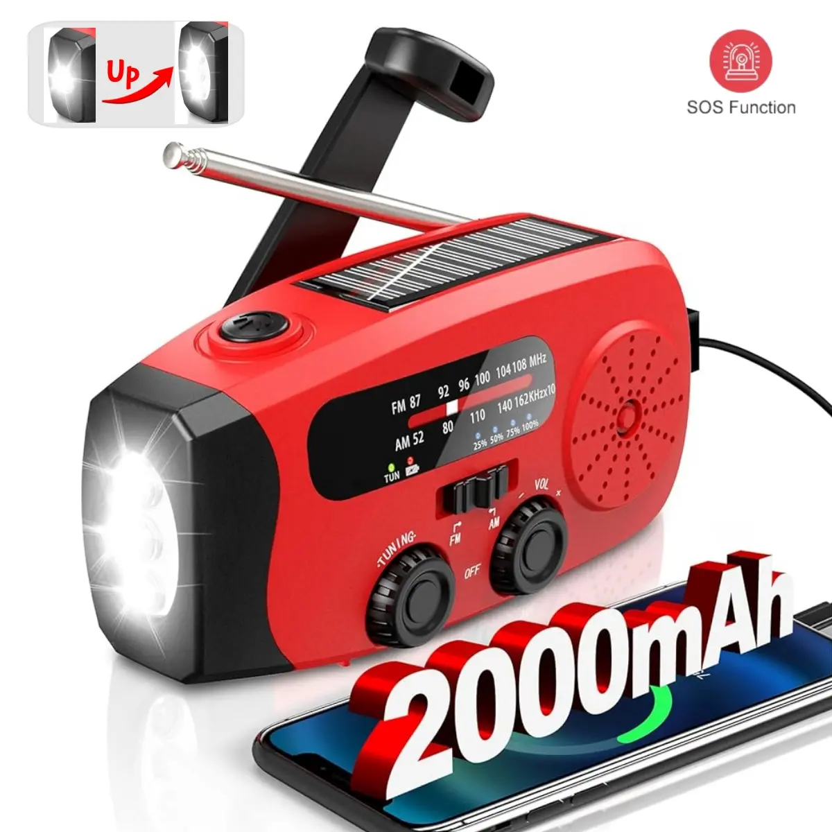 2000mAh Solar Hand Crank Emergency Radio with AM/FM/NOAA, 3 LED Flashlight, Solar Charging & SOS Alarm, Portable for Hurricane Preparedness & Winter Storm Survival