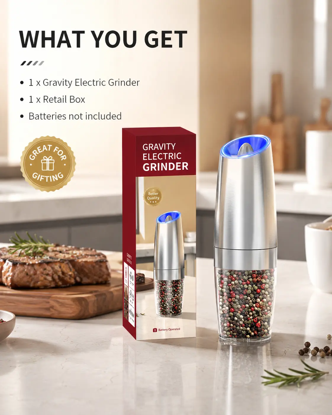 Electric salt and pepper grinder set, adjustable coarseness with LED light, one-handed kitchen grinder, large capacity automatic salt and pepper grinder, suitable for kitchen,Utensils Kitchenware Ceramic Seasoning,Christmas Gifts New Year Gifts Re