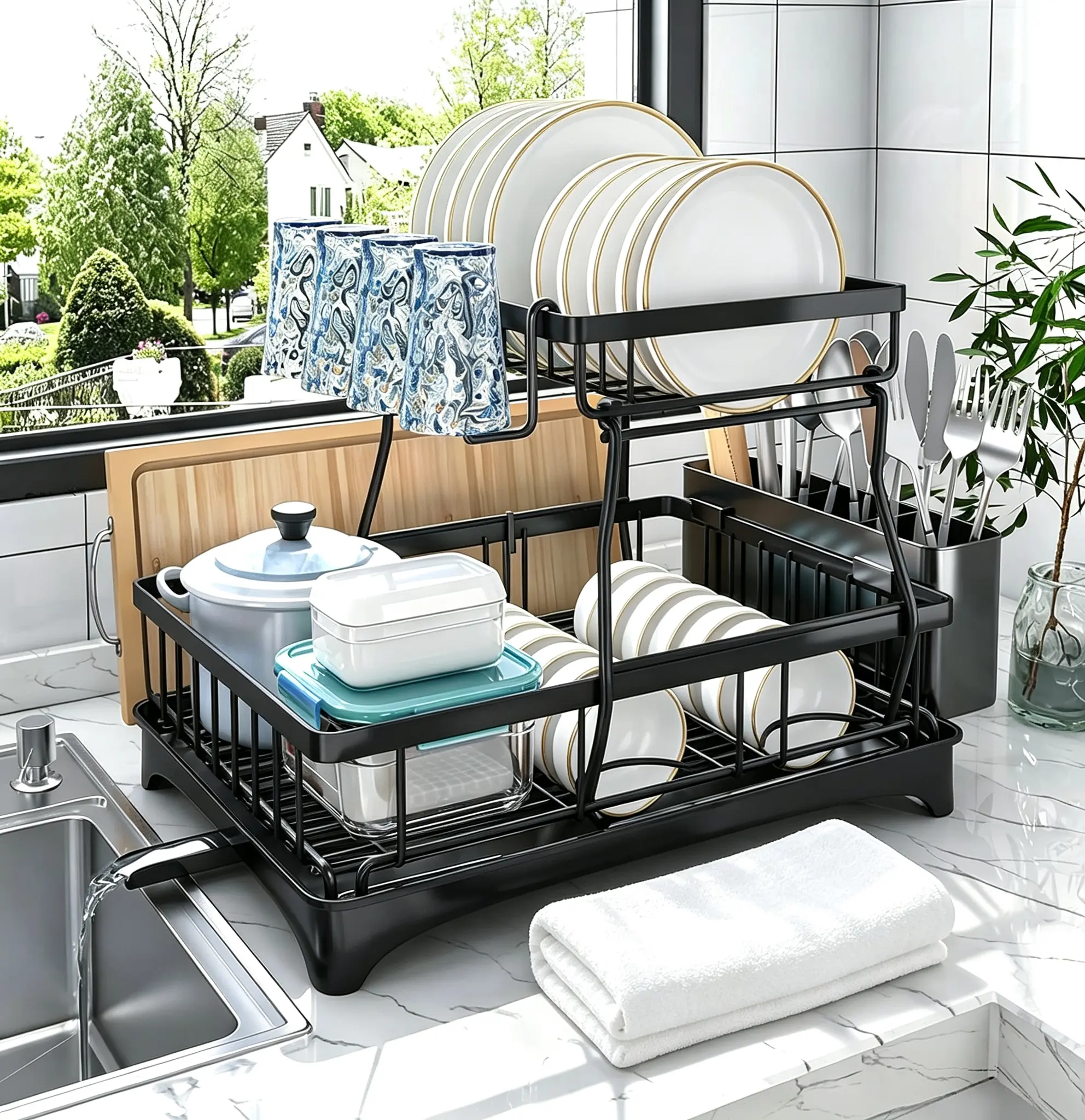 2-Tier Large Dish Drying Rack for Kitchen Counter, Black Detachable Large Capacity Dish Drainer Organizer with Auto Drain, Anti-Rust Dish Rack with Cup & Utensil Holders
