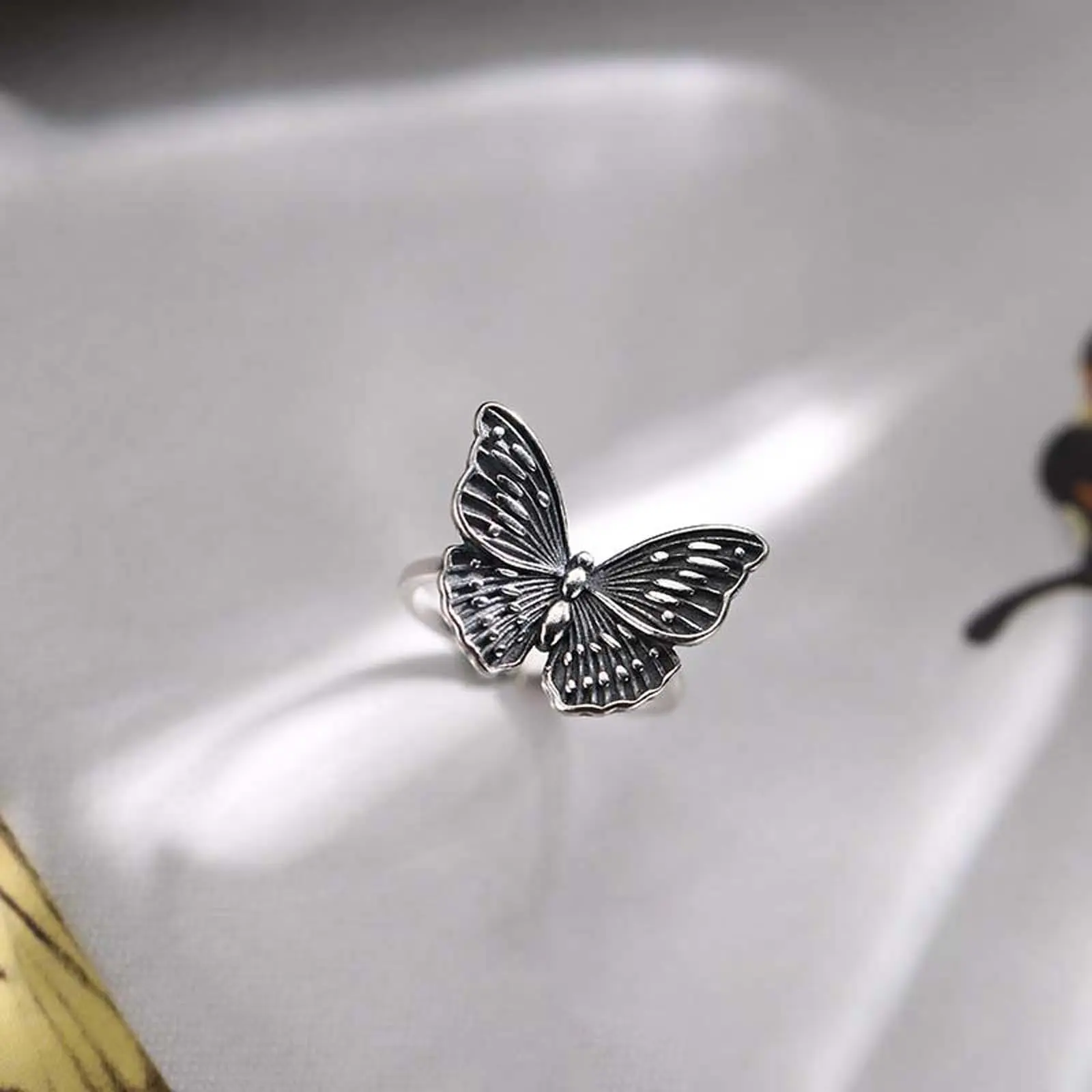 Rotating Openwork Butterfly Ring for Women, Adjustable Vintage Design with Gemstone in a Distressed Silver-tone Finish, Rotating Openwork Ring, Retro, Unisex, Casual, Adults, Adjustable Band, Muted Tones, Spinner Rings, Openwork Motif