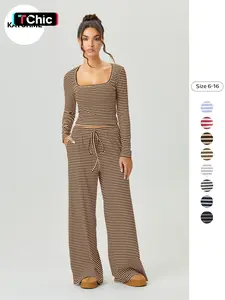 Women's Slouchy Square Neck Stripe Long Sleeve Crop Top & Low-Rise Wide Leg Trousers Co-ord