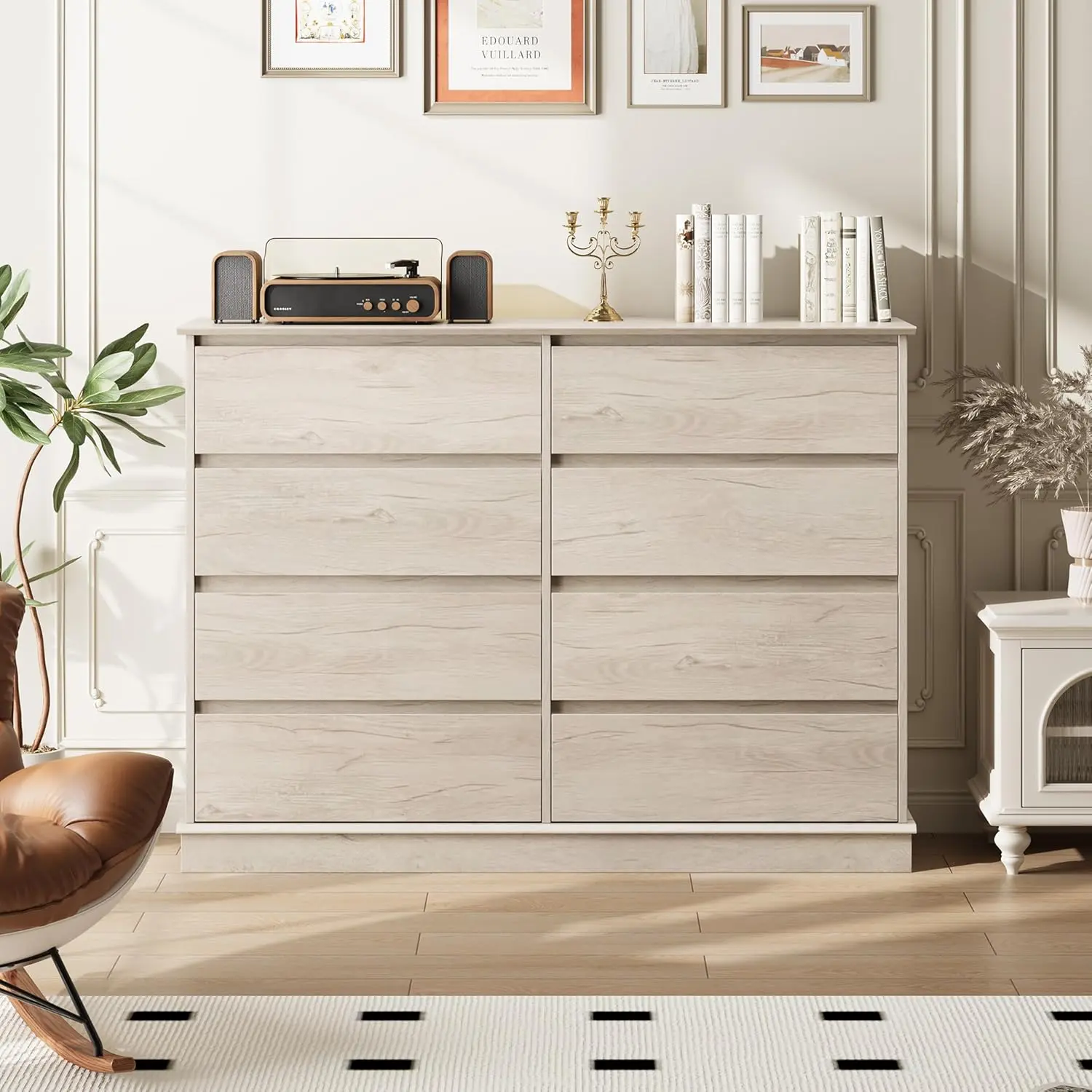 Gaomon Oak 8-Drawer Modern Dresser - Wide Wooden Drawer Cabinet with Faux Linen Finish, Elevated Base, Spacious Top, Assembly Required for Bedroom Clothes Organization, Dresser For Bedroom