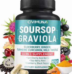 Soursop Graviola Capsules with Elderberry, Turmeric, Ginger, Milk Thistle, Tart Cherry and More - 120 Capsules for 4 Months Supply