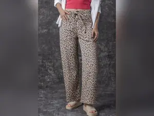 Khaki Leopard Print Drawstring Waist Pocketed Wide Leg Jeans