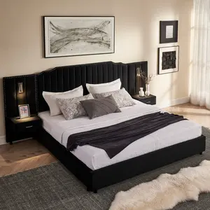 King Size Bed Frame with Storage, Velvet Upholstered Platform Bed with Bedside Tables, Channel Tufted Headboard & Adjustable Reading Lamp for Bedroom, No Box Spring Needed, Black