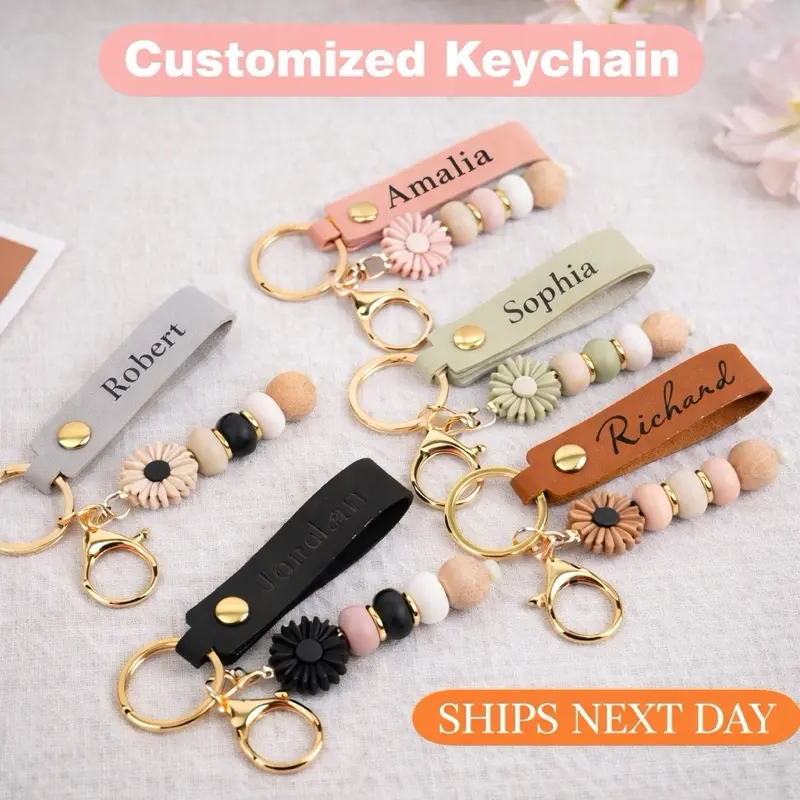 Personalized Leather Name Keychain | Custom Beaded Keyring | Perfect Gift for Her