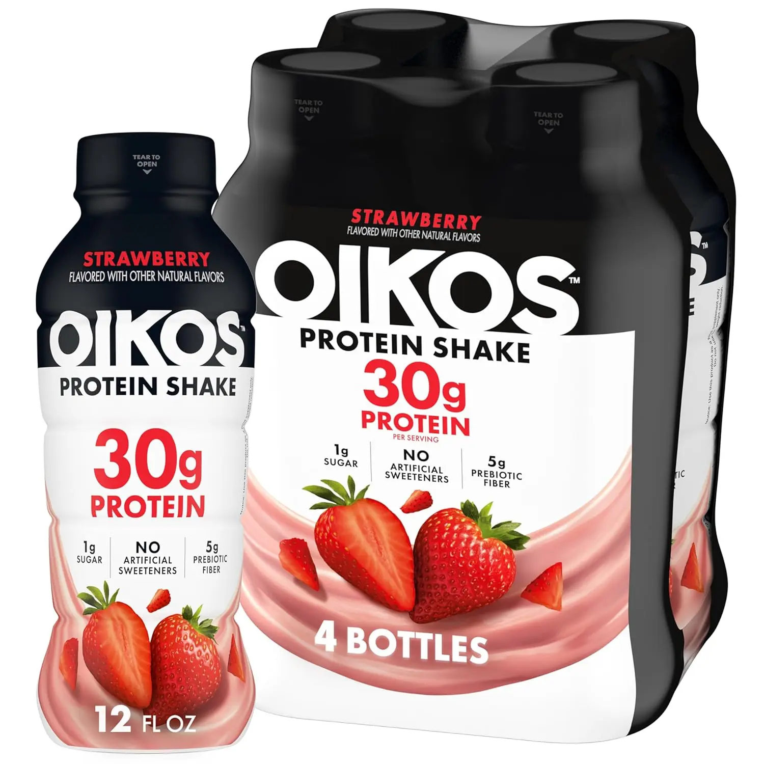 Oikos 30g Protein Shake, Strawberry, High Protein Drinks, Shelf Stable, Ready to Drink, 5g Prebiotic Fiber, 12 fl oz Bottle, 4 Count​