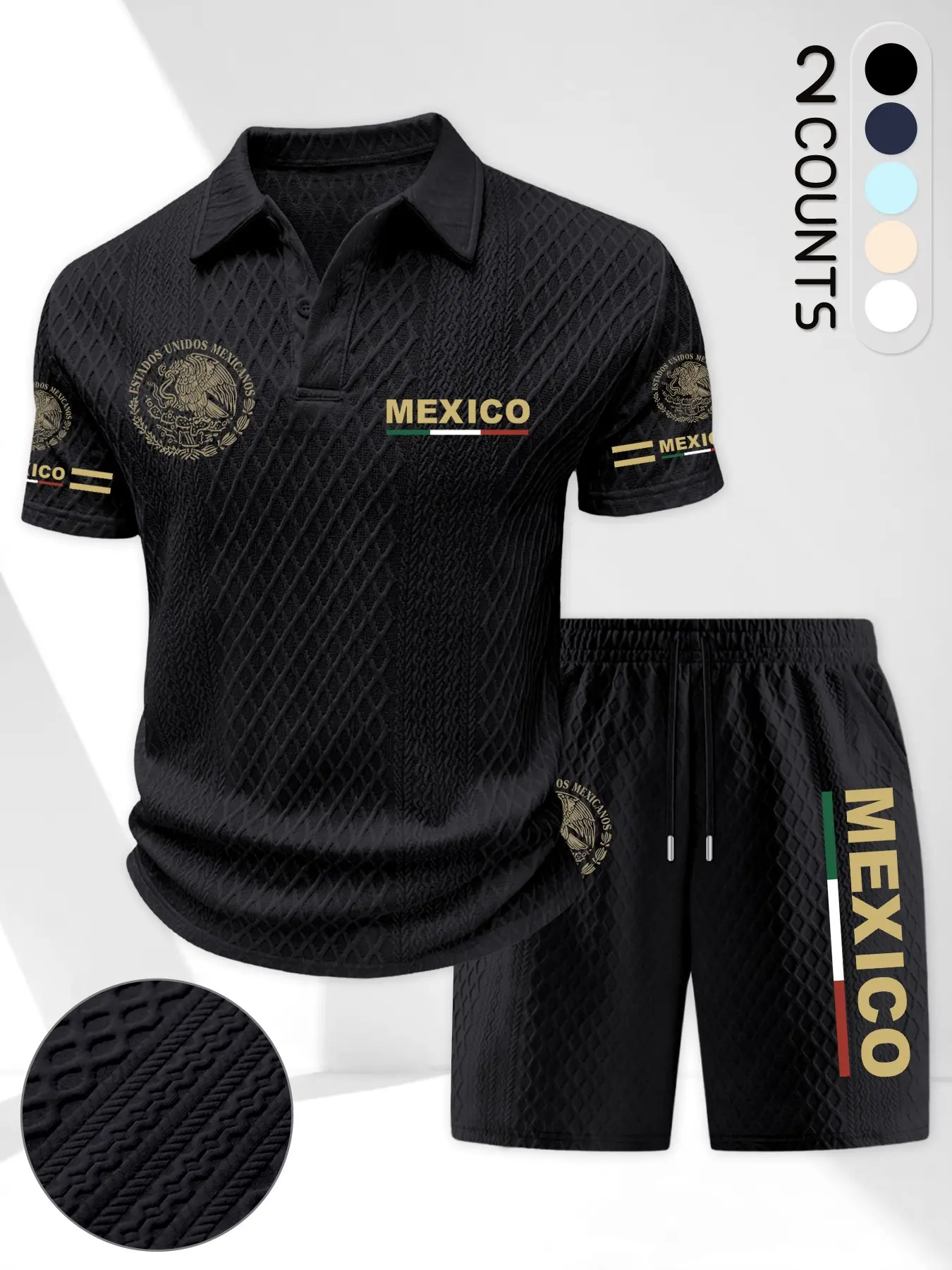 Summer New 2-Piece Set, Men's Mexican Style Print Collared Polo Shirt + Drawstring Pocket Shorts, Casual Fashion Menswear for Sports, Leisure, Home Clothes
