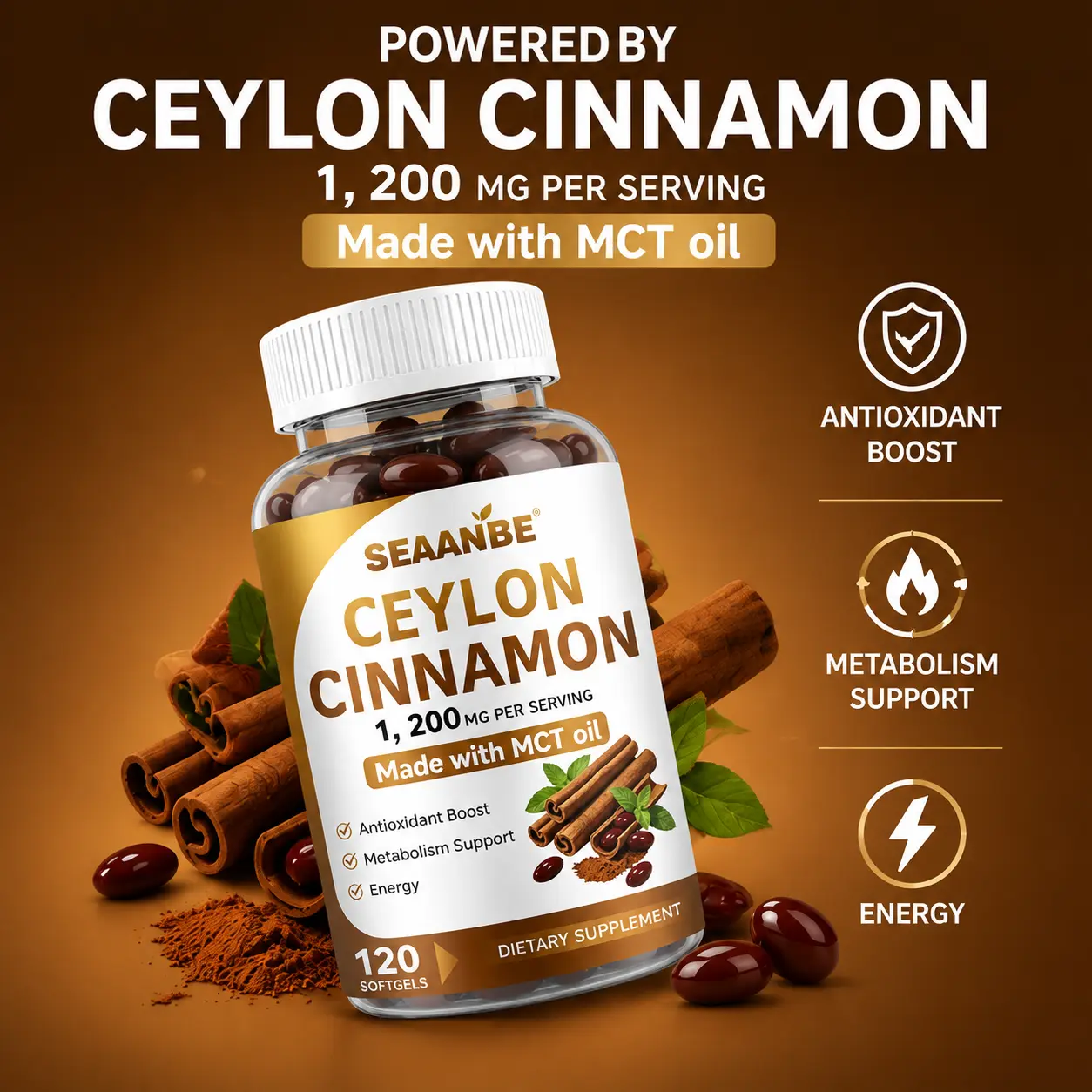 SEAANBE Ceylon Cinnamon Softgels, 1200mg per Serving, with MCT Oil, 120 Count